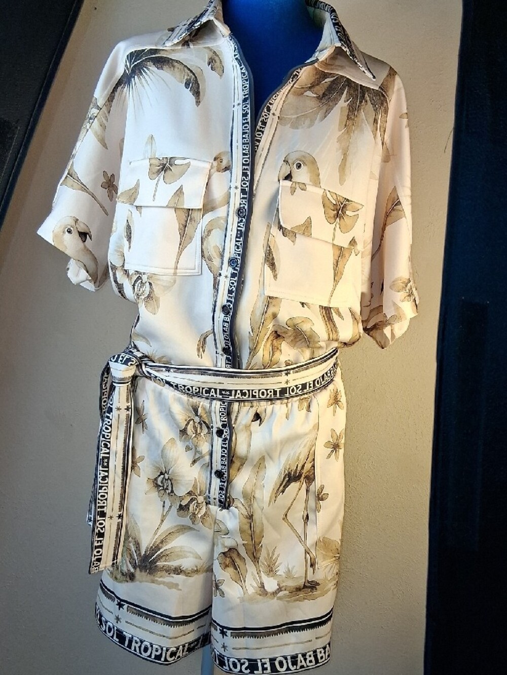 Ashley Stewart Cream Botanical High-Waist Short Romper
